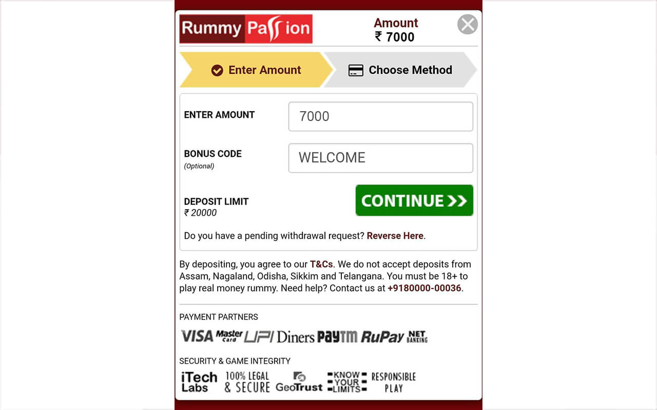 Enter amount and Bonus Code WELCOME